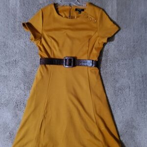 Chic Mustard Midi Dress with Belt
